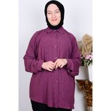 Ferace 8707 Mor Kadın Rahat Kesim Taşlı Önü Düğmeli Kolları Katlamalı Gömlek - 50