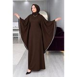 Ferace Abaya Yarasa Kimono Kol Tessettür Elbise - Kahverengi - S - M