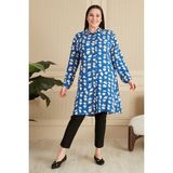 FERACE Kadın Tesettur Büyük Beden Fırça Desenli Uzun Gömlek Tunik - 6XL - İndigo