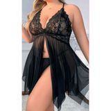 FeraShowroom Siyah Dantel Büstiyerli Öne Yırtmaçlı Asimetrik Kesim Tül Büyük Beden Fantazi Babydoll Gecelik Takımı