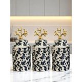 Feray Home Baharatlık - Seramik Kapaklı 3'lü Gri Leopar Gold
