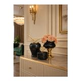 Feray Home Dekoratif Obje Salon Seti Siyah Mermer Ayaklı Saksı Siyah Mermer Şah Siyah Mermer Kutu Gold