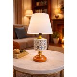 ferayhome Abajur Aydınlatma Seramik Oval Ceramic Desen Beyaz Şapka Gold - Feray Home