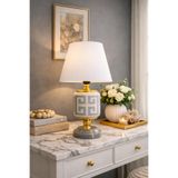 ferayhome Abajur Aydınlatma Seramik Oval Gri Versa Desen Beyaz Şapka Gold - Feray Home