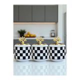 ferayhome Baharatlık Seramik 3 lü Oval Büyük Boy Kahve Köşesi 1400 ml Siyah Damalı (Çay,Kahve,Şeker) Gold