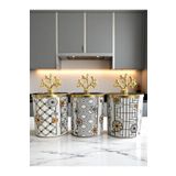 ferayhome Baharatlık Silindir 3 lü Kahve Köşesi Seti Hasır Desenli Siyah 750 ml Hacimli Gold - Feray Home