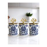 ferayhome Baharatlık Silindir 3 lü Set Kahve Köşesi Mavi Çiçekli Gold Mercan 750 ml Hacimli