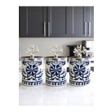 ferayhome Baharatlık Silindir 3 lü Set Kahve Köşesi Mavi Çiçekli GÜMÜŞ Mercan 750 ml Hacimli