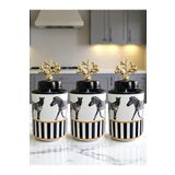 ferayhome Baharatlık Silindir Seramik Kapaklı 3 lü Kahve Köşesi Seti Zebra At Desen 750 ml Hacimli Gold