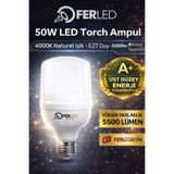 Ferled 50W LED Torch Ampul 4000K Naturel Işık E27 Duy 5500 Lumen A+ Enerji Tasarruflu 8ADET