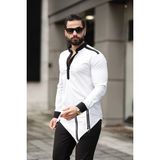 Fermuar Detaylı Hakim Yaka Asimetrik Kesim Uzun Kollu Erkek Slim Fit Gömlek - 2XL - Beyaz
