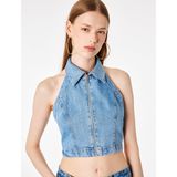 Fermuar Detaylı Halter Yaka Crop Kolsuz Denim Bluz