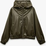 Fermuarlı Cepli Uzun Kollu Kapüşonlu Crop Suni Deri Bomber Ceket - Yeşil - 38