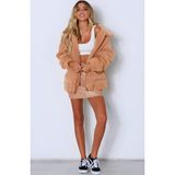 Fermuarlı Çift Cepli Peluş Mont - Açık Vizon - 2XL - 3XL