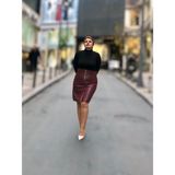 Fermuarlı Deri Mini Etek - Bordo - XL