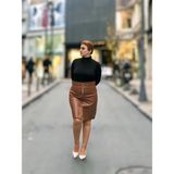 Fermuarlı Deri Mini Etek - Taba - S