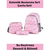 Fermuarlı Geniş 1.kalite Su Geçirmez Desenli Bölmeli Üçlü Okul Kalemlik Beslenme Sırt Çanta Seti