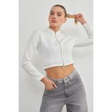 Fermuarlı Hakim Yaka Crop Spor Ceket - Beyaz