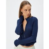Fermuarlı Hırka Saç Örgü Dokulu Dik Yaka Slim Fit