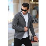 Fermuarlı Merdiven Örgü Kapüşonlu Triko Hırka/Ceket Füme