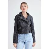 Fermuarlı Suni Deri Crop Biker Ceket - Siyah