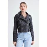 Fermuarlı Suni Deri Crop Biker Ceket