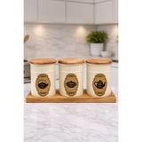 Feronyahome & Garden Krem Retro Metal 3'lü Baharat Takımı - Ahşap Standlı Vakumlu Kapaklı Çay Şeker Kahve Kavanoz Seti