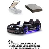 Ferramini Bazalı Arabalı Yatak Siyah Kapıları Açılan Mustang Full Ledli Kumandalı ve Müzikli + Ortopedik Yatak