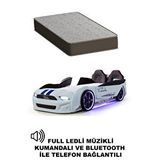 Ferramini Beyaz Arabalı Yatak Kapıları Açılan Mustang Full Ledli Kumandalı Ve Müzikli + Ortopedik Yatak