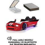 Ferramini Kırmızı Kapıları Açılan Mustang Full Ledli Kumandalı ve Müzikli + Ortopedik Yatak Bazalı Arabalı Yatak - renk