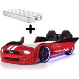Ferraminii Kırmızı Arabalı Yatak Kapıları Açılan Mustang Full Ledli Kumandalı ve Müzikli + Ortopedik Yatak - 90 x 190 cm