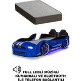 Ferraminii Mavi Arabalı Yatak Kapıları Açılan Mustang Full Ledli Kumandalı ve Müzikli + Ortopedik Yatak - 90 x 190 cm