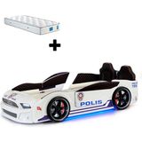 Ferraminii Türk Polis Arabalı Yatak Kapıları Açılan Mustang Full Ledli Kumandalı ve Müzikli + Ortopedik Yatak - Beyaz - Mavi - 90 x 190 cm