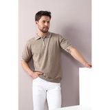Ferraro Bej Yaka Şerit Fermuarlı Erkek Pamuk Triko T-Shirt - XL
