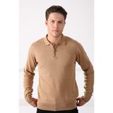 Ferraro Camel Polo Yaka Fermuarlı Erkek Pamuk Kazak - 2XL