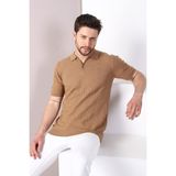Ferraro Camel Polo Yaka Fermuarlı Erkek Pamuk Triko T-Shirt - XXL - Kahverengi