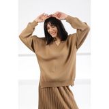 Ferraro Camel V Yaka Yırtmaçlı Viskon Kadın Triko Kazak - XS