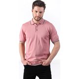 Ferraro Gül/beyaz Yaka Şerit Düğmeli Erkek Pamuk Triko T-Shirt - Kırmızı