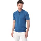Ferraro Havacı Yaka Şerit Fermuarlı Erkek Pamuk Triko T-Shirt - XL - Mavi