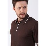 Ferraro Kahve Yaka Şerit Fermuarlı Erkek Pamuk Triko T-Shirt - Kahverengi