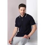 Ferraro Laci/beyaz Yaka Şerit Düğmeli Erkek Pamuk Triko T-Shirt - XXL - Lacivert
