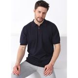 Ferraro Lacivert Yaka Şerit Fermuarlı Erkek Pamuk Triko T-Shirt - XL