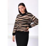 Ferraro Siyah Bej Zebra Desenli %100 Saf Kaşmir Kadın Triko Kazak - Siyah - Bej - Standart
