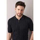Ferraro Siyah Polo Yaka Fermuarlı Erkek Pamuk Triko T-Shirt - 3XL