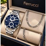 Ferrucci Çelik Kordon&kasa Fonksiyonları Aktif Erkek Kol SAATI+%100 Çelik Takı Set Hediyeli - Gümüş - Lacivert