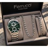 Ferrucci Çelik Kordon&kasa Fonksiyonları Aktif Erkek Kol SAATI+%100 Çelik Takı Set Hediyeli - Yeşil - Gümüş