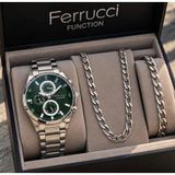 Ferrucci Çelik Kordon&Kasa Fonksiyonları Aktif Erkek Kol Saati+%100 Çelik Takı Set Hediyeli