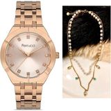 Ferrucci Çelik Zirkon Taşlı Kadın Kol Saati+Çelik Kolye Hediye Set - Rose Gold