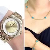 Ferrucci Gold Çelik Şık Kadın Kol Saati+Nazarlıklı Set Hediye