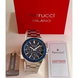 Ferrucci Gümüş Renk Fonksiyonları Aktif 42 mm Kasa Çap Erkek Kol Saati+Bileklik - Gümüş - Lacivert